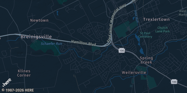 Map of Breinigsville, PA. The exact address of Delta Hotel Lehigh Valley is not known, so the map shows the area rather than a specific building.