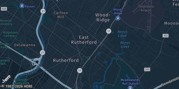 Map of East Rutherford, NJ. The exact address of American Dream Events Center is not known, so the map shows the area rather than a specific building.