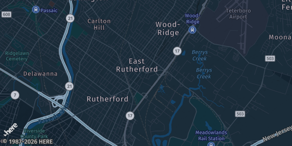 Map of East Rutherford, NJ. The exact address of American Dream Events Center is not known, so the map shows the area rather than a specific building.