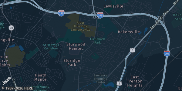 Map of Lawrence Township, NJ. The exact address of Quaker Bridge Mall is not known, so the map shows the area rather than a specific building.