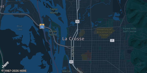 Map of LaCrosse, WI. The exact address of La Crosse Center is not known, so the map shows the area rather than a specific building.