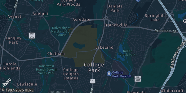 Map of College Park, MD. The exact address of Samuel Riggs IV Alumni Center is not known, so the map shows the area rather than a specific building.