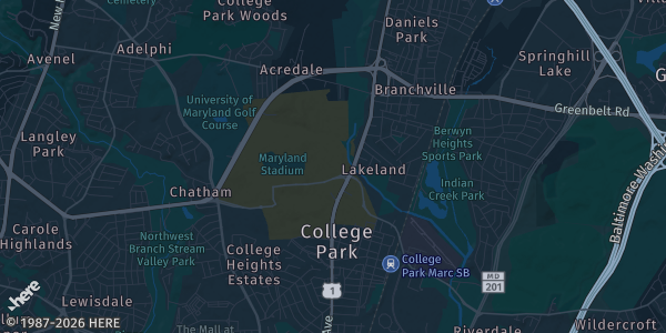 Map of College Park, MD. The exact address of Samuel Riggs IV Alumni Center is not known, so the map shows the area rather than a specific building.