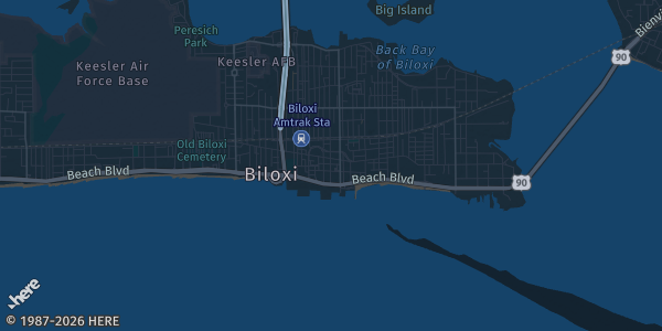Map of Biloxi, MS. The exact address of D'Iberville High School is not known, so the map shows the area rather than a specific building.