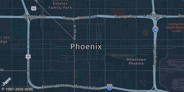 Map of Phoenix, AZ. The exact address of El Zaribah Shrine Auditorium & Conference Center is not known, so the map shows the area rather than a specific building.