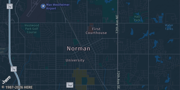 Map of Norman, OK. The exact address of The Card Farm — Norman is not known, so the map shows the area rather than a specific building.