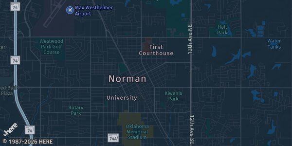 Map of Norman, OK. The exact address of The Card Farm — Norman is not known, so the map shows the area rather than a specific building.