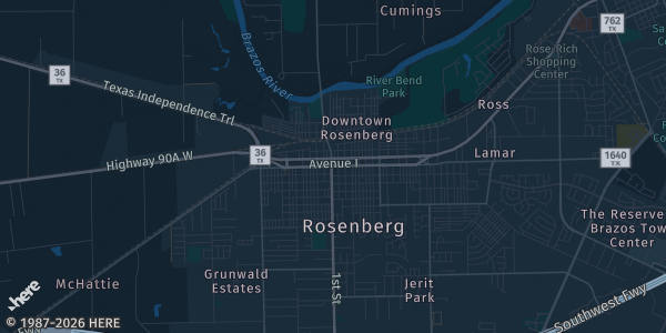 Map of Rosenberg, TX. The exact address of Fort Bend County Fairgrounds Building C is not known, so the map shows the area rather than a specific building.