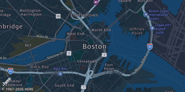 Map of Boston, MA. The exact address of Big Night Live is not known, so the map shows the area rather than a specific building.