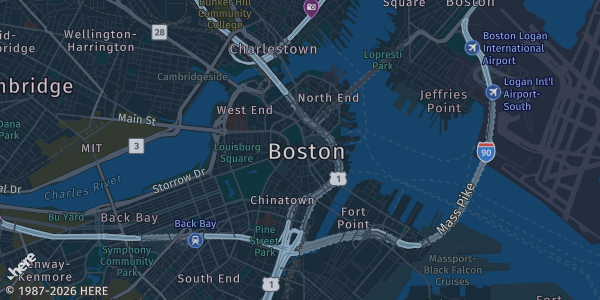 Map of Boston, MA. The exact address of Big Night Live is not known, so the map shows the area rather than a specific building.