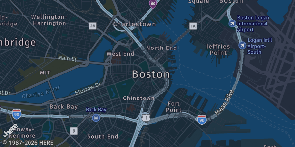 Map of Boston, MA. The exact address of Big Night Live is not known, so the map shows the area rather than a specific building.