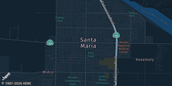 Map of Santa Maria, CA. The exact address of Radisson Hotel Santa Maria is not known, so the map shows the area rather than a specific building.