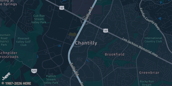 Map of Chantilly, VA. The exact address of The Dulles Expo Center is not known, so the map shows the area rather than a specific building.