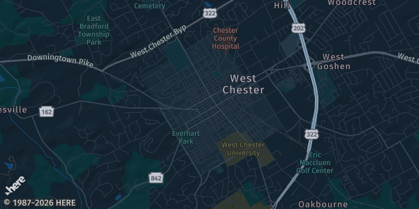 Map of West Chester, PA. The exact address of Sturzebecker Health Science Center is not known, so the map shows the area rather than a specific building.