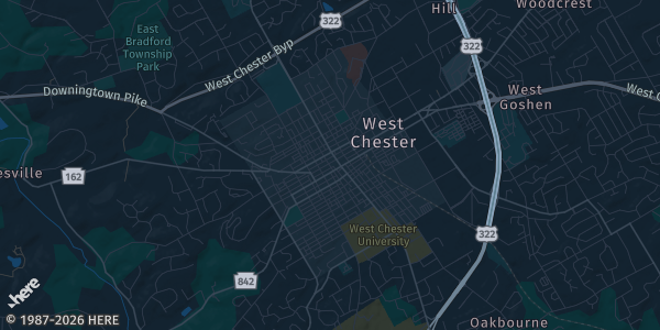 Map of West Chester, PA. The exact address of Sturzebecker Health Science Center is not known, so the map shows the area rather than a specific building.