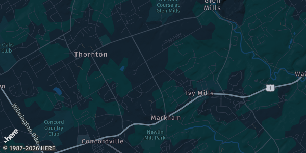 Map of Glen Mills, PA. The exact address of Glen Mills Fieldhouse is not known, so the map shows the area rather than a specific building.