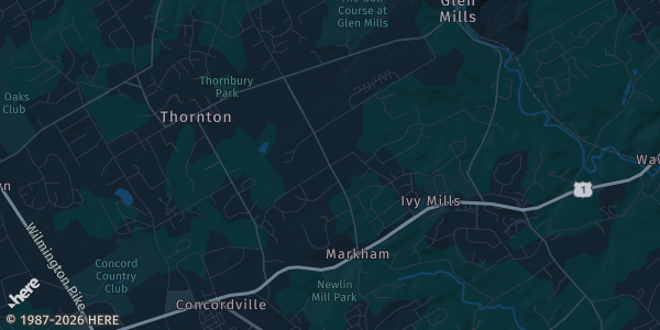 Map of Glen Mills, PA. The exact address of Glen Mills Fieldhouse is not known, so the map shows the area rather than a specific building.