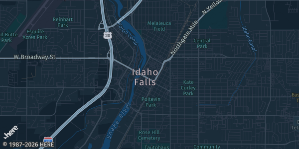 Map of Idaho Falls, ID. The exact address of The West Bank Convention Center is not known, so the map shows the area rather than a specific building.