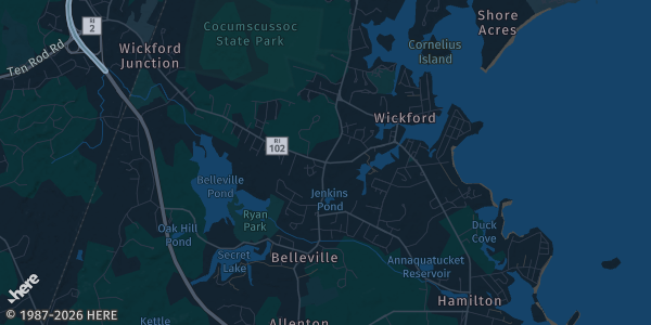 Map of North Kingstown, RI. The exact address of Wide World of Indoor Sports is not known, so the map shows the area rather than a specific building.