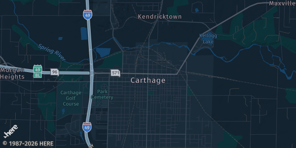 Map of Carthage, MO. The exact address of Carthage Memorial hall is not known, so the map shows the area rather than a specific building.