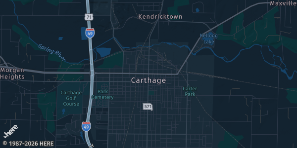 Map of Carthage, MO. The exact address of Carthage Memorial hall is not known, so the map shows the area rather than a specific building.