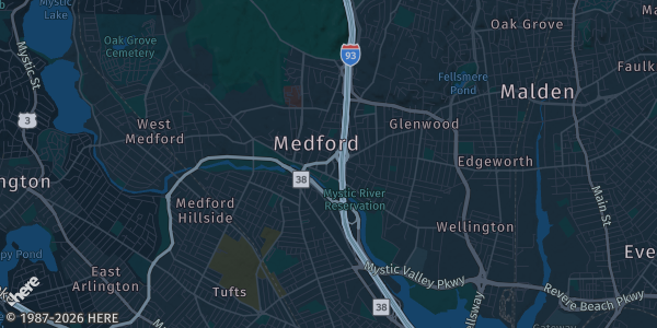 Map of Medford, MA. The exact address of The Great American Beer Hall is not known, so the map shows the area rather than a specific building.