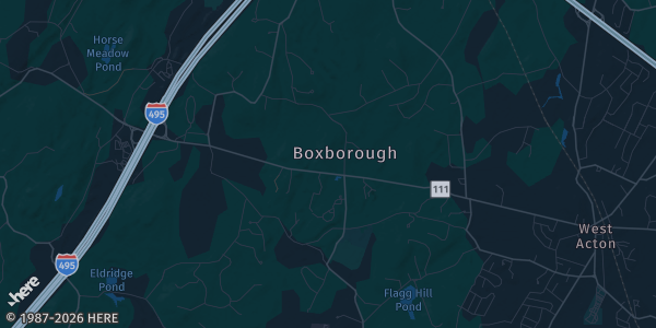 Map of Boxborough, MA. The exact address of Boxboro Regency Hotel & Conference Center is not known, so the map shows the area rather than a specific building.