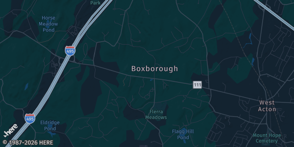 Map of Boxborough, MA. The exact address of Boxboro Regency Hotel & Conference Center is not known, so the map shows the area rather than a specific building.