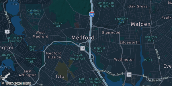 Map of Medford, MA. The exact address of The Great American Beer Hall is not known, so the map shows the area rather than a specific building.