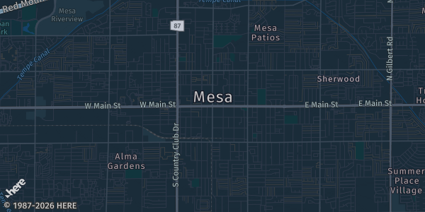 Map of Mesa, AZ. The exact address of Arizona Athletic Grounds is not known, so the map shows the area rather than a specific building.