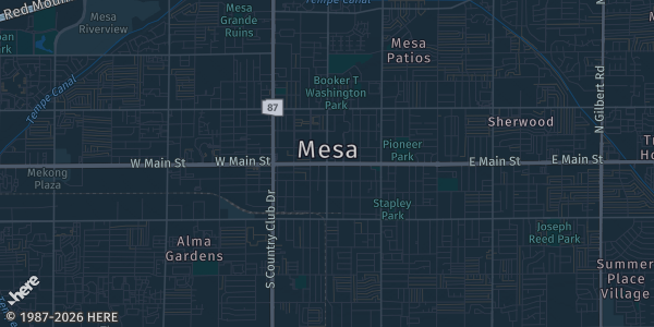 Map of Mesa, AZ. The exact address of Arizona Athletic Grounds is not known, so the map shows the area rather than a specific building.
