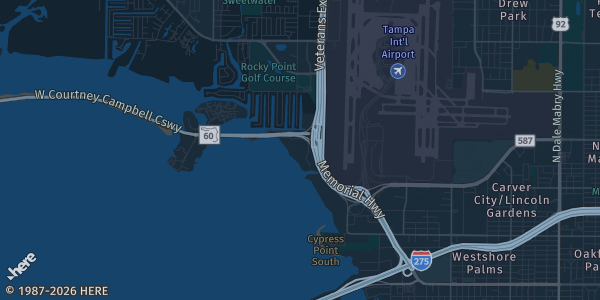 Map of Tampa, FL. The exact address of The Grand Hyatt Hotel Tampa Bay is not known, so the map shows the area rather than a specific building.