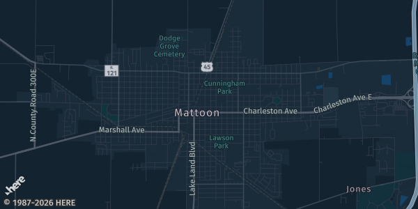 Map of Matoon, IL. The exact address of Cross County Mall is not known, so the map shows the area rather than a specific building.