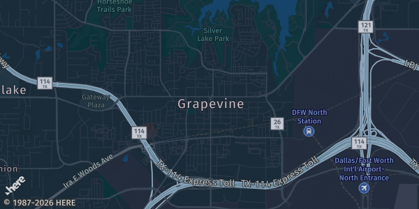 Map of Grapevine, TX. The exact address of Great Wolf Lodge is not known, so the map shows the area rather than a specific building.