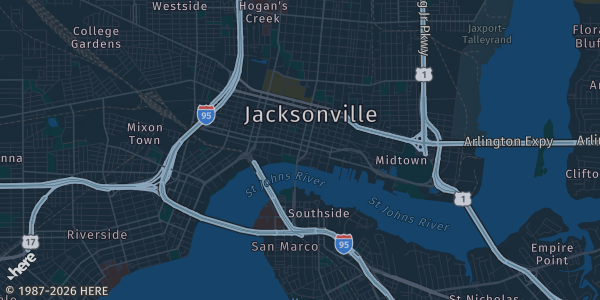 Map of Jacksonville, FL. The exact address of Adam W. Herbert University Center — UNF is not known, so the map shows the area rather than a specific building.