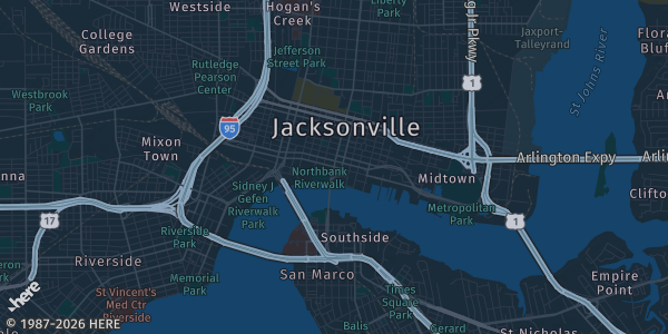 Map of Jacksonville, FL. The exact address of Adam W. Herbert University Center — UNF is not known, so the map shows the area rather than a specific building.