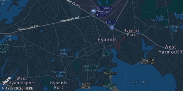 Map of Hyannis, MA. The exact address of Margaritaville Resort Cape Cod is not known, so the map shows the area rather than a specific building.
