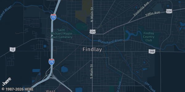 Map of Findlay, OH. The exact address of The Crest is not known, so the map shows the area rather than a specific building.