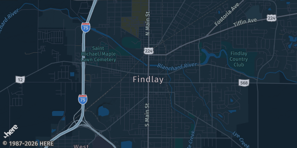 Map of Findlay, OH. The exact address of Hancock County Fairgrounds is not known, so the map shows the area rather than a specific building.