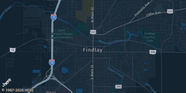Map of Findlay, OH. The exact address of Hancock County Fairgrounds is not known, so the map shows the area rather than a specific building.