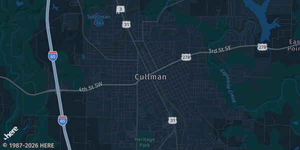 Map of Cullman, AL. The exact address of Cullman Basketball Complex is not known, so the map shows the area rather than a specific building.