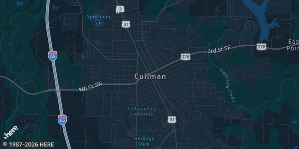 Map of Cullman, AL. The exact address of Cullman Basketball Complex is not known, so the map shows the area rather than a specific building.