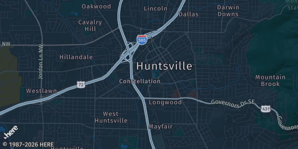 Map of Huntsville, AL. The exact address of The FLIP Huntsville is not known, so the map shows the area rather than a specific building.
