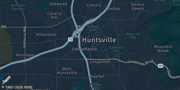 Map of Huntsville, AL. The exact address of The FLIP Huntsville is not known, so the map shows the area rather than a specific building.
