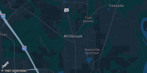 Map of Millbrook, AL. The exact address of 17 Springs Fieldhouse is not known, so the map shows the area rather than a specific building.