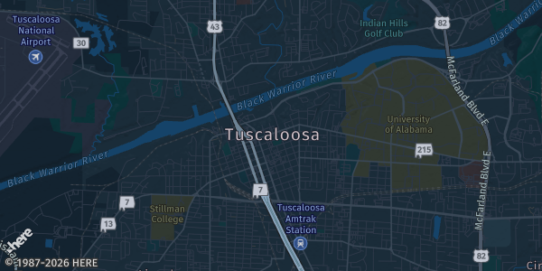 Map of Tuscaloosa, AL. The exact address of Bryant Conference Center is not known, so the map shows the area rather than a specific building.