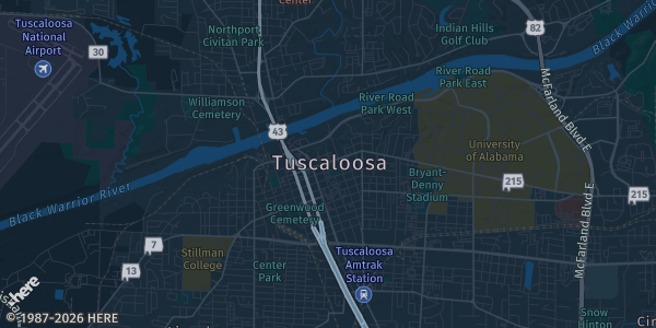 Map of Tuscaloosa, AL. The exact address of Bryant Conference Center is not known, so the map shows the area rather than a specific building.