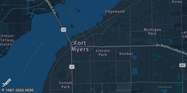 Map of Ft. Myers, FL. The exact address of Caloosa Sound Convention Center is not known, so the map shows the area rather than a specific building.