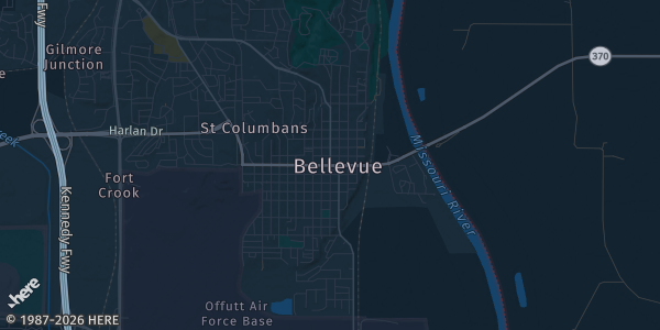 Map of Bellevue, NE. The exact address of The Game Shoppe — Bellevue is not known, so the map shows the area rather than a specific building.