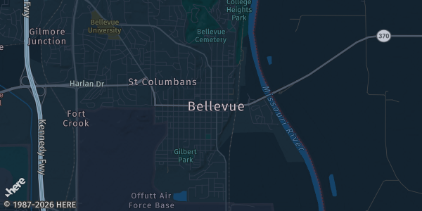 Map of Bellevue, NE. The exact address of The Game Shoppe — Bellevue is not known, so the map shows the area rather than a specific building.